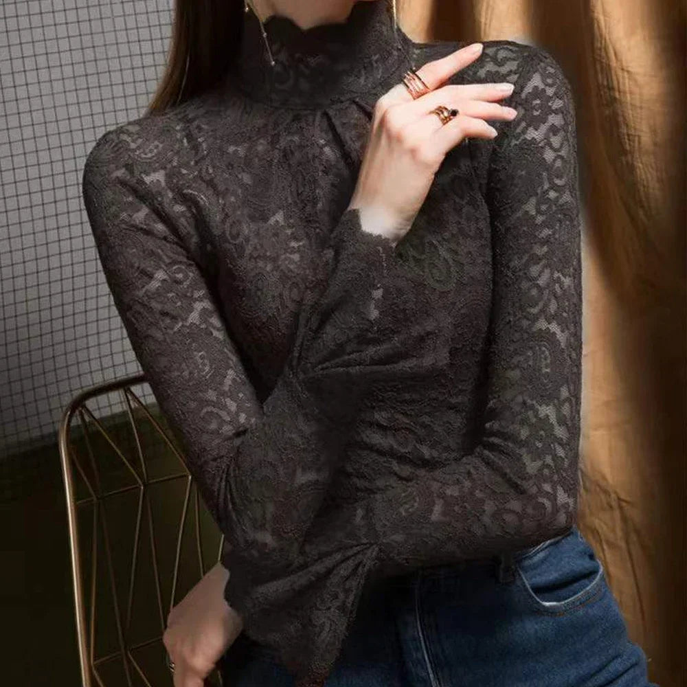 Black Floral Lace Mock Neck Top with Flare Sleeves