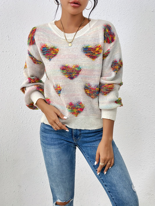 Heart Pattern Crew Neck Sweater In Multicolor