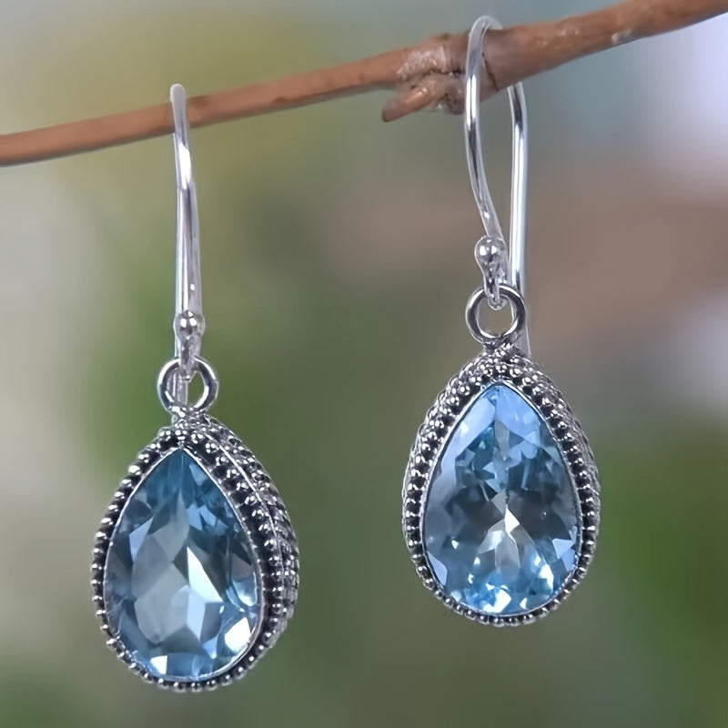 Waterdrop Blue Crystal With Silver Inlaid Earrings