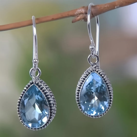 Waterdrop Blue Crystal With Silver Inlaid Earrings