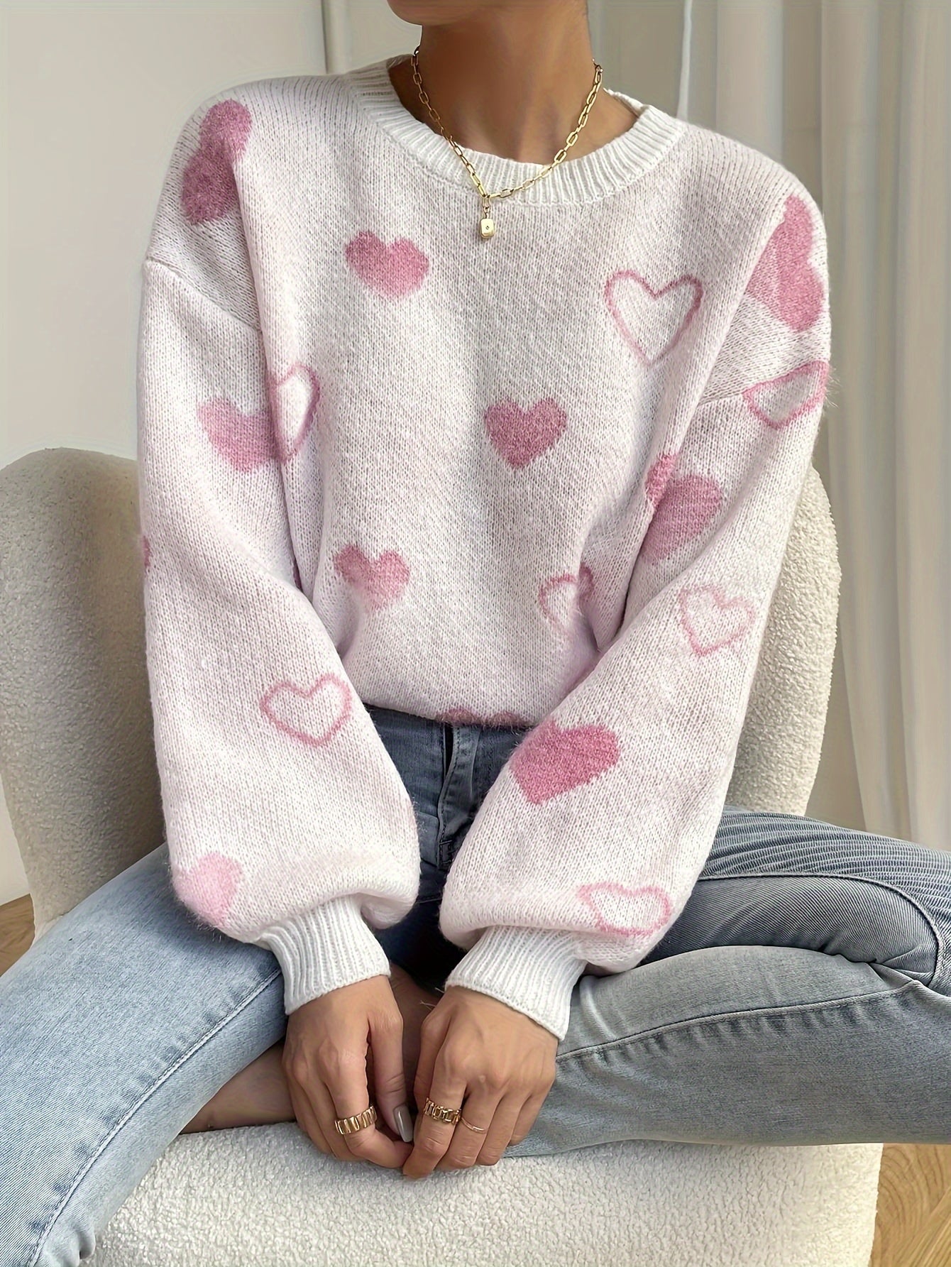 Heart Pattern Crew Neck Knitted Sweater In Light Pink