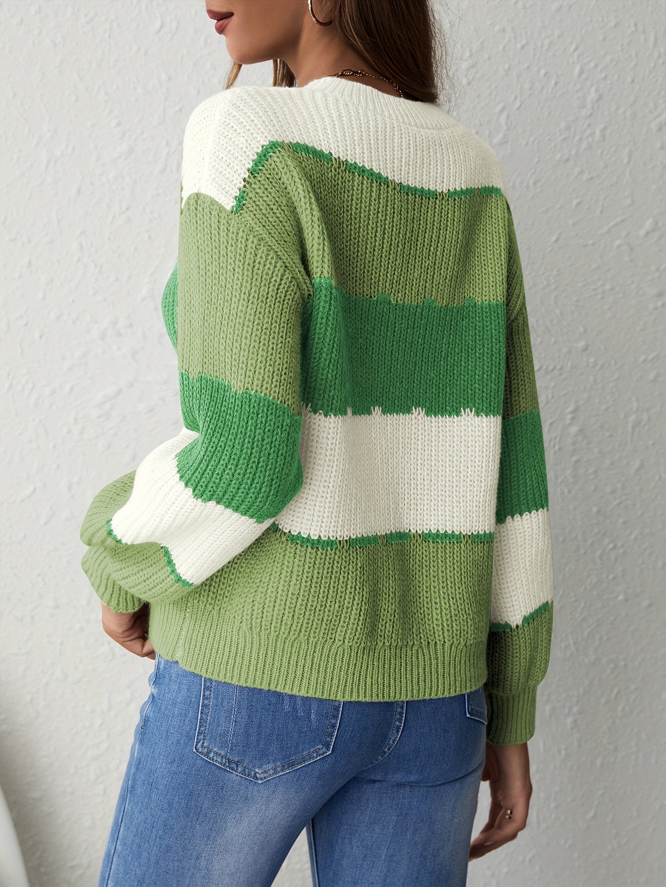 Color Block Crew Neck Pullover Sweater In Green