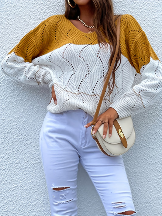 Color Block U Neck Sweater In Mustard, White, Off White