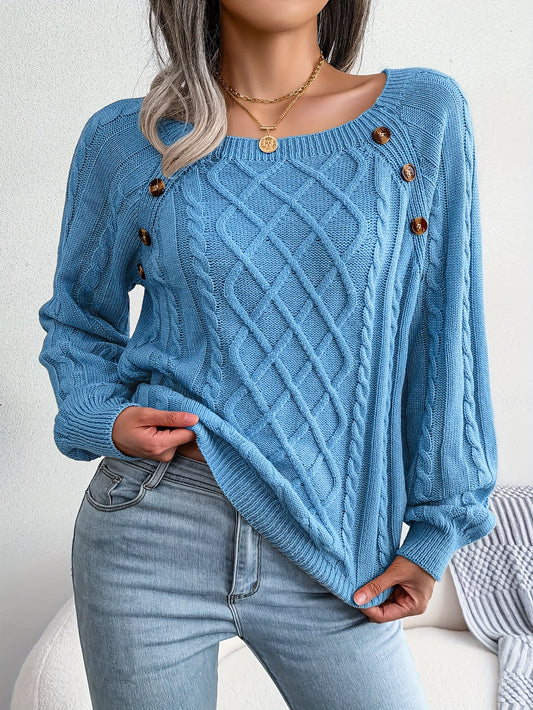 Long Sleeve Raglan Cable Knit Sweater In Sky Blue