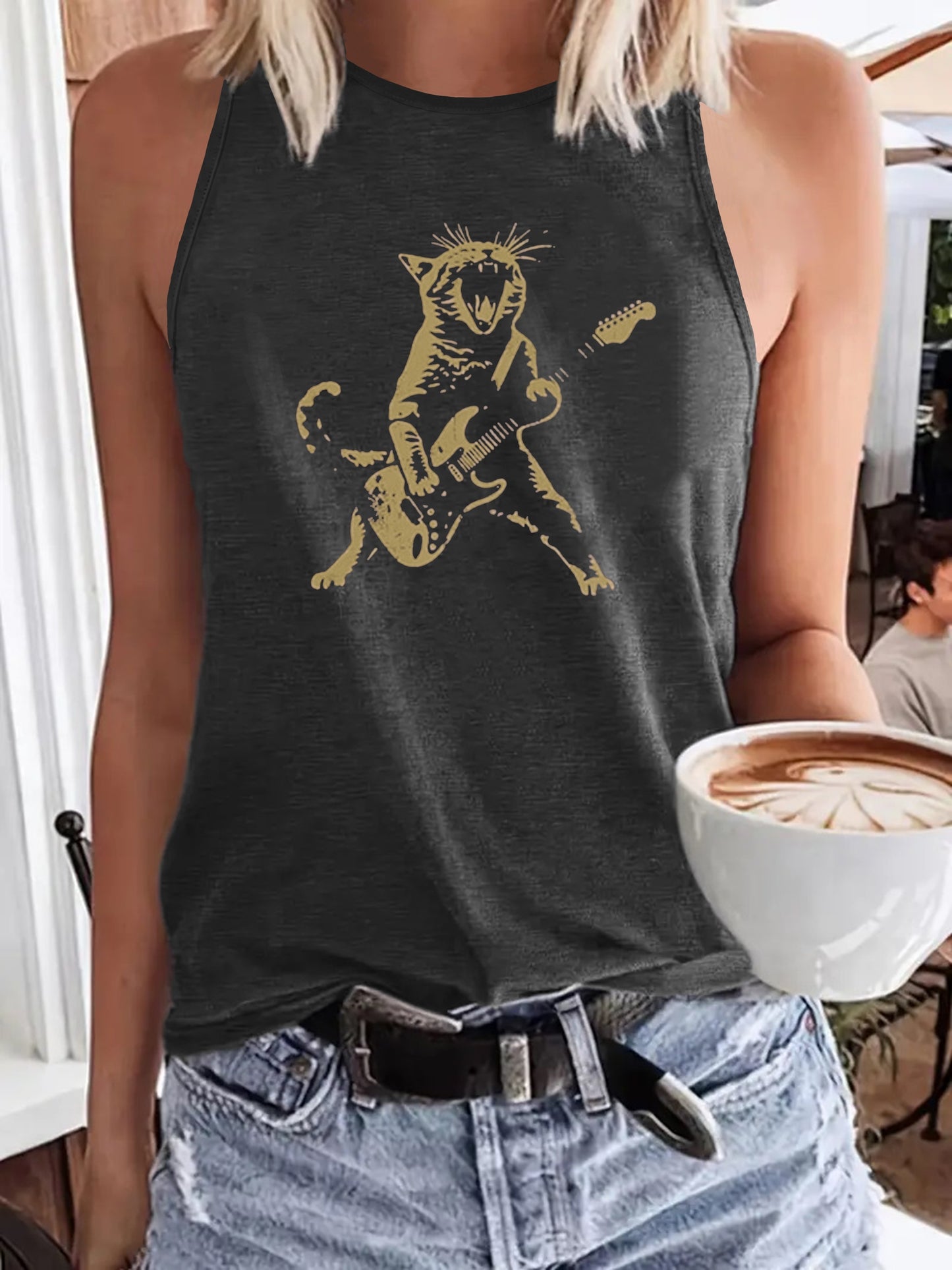 Cat Playing Guitar Crew Neck Tank Top In 3 Colors