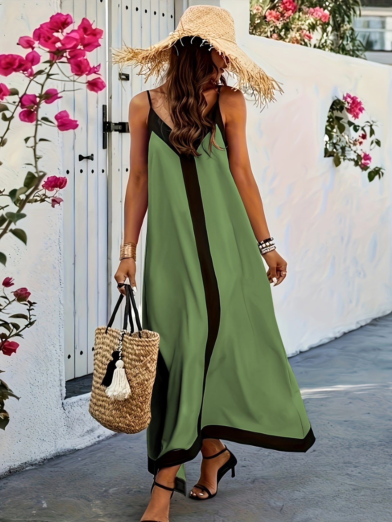 Contrast Trim V Neck Maxi Dress In Various Colors