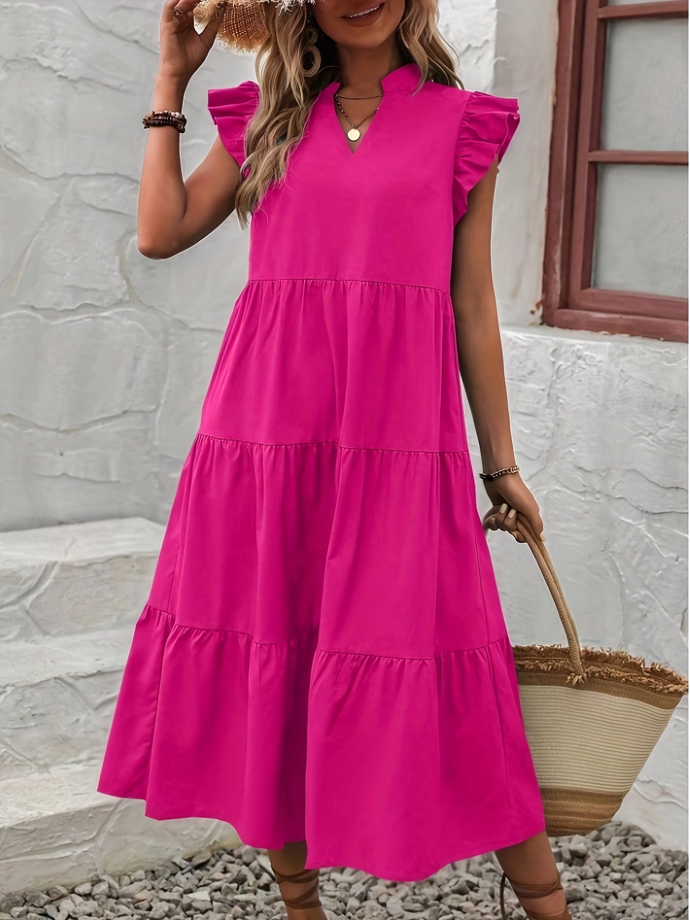 Flutter Sleeve Ruffled Tiered Midi Dress In 2 Colors