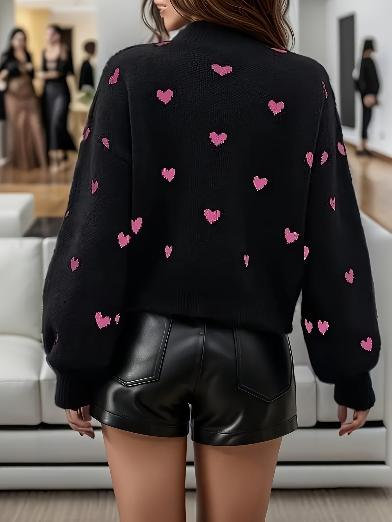 Heart Pattern Knit Sweater In Black With Pink Hearts