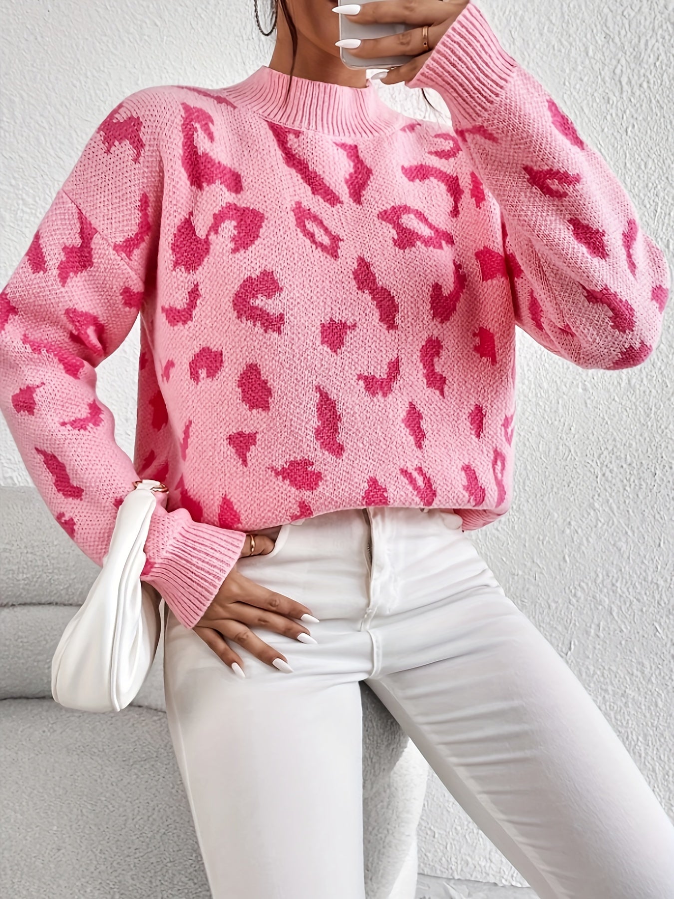 Leopard Print Loose Fit Pullover Sweater In Pink