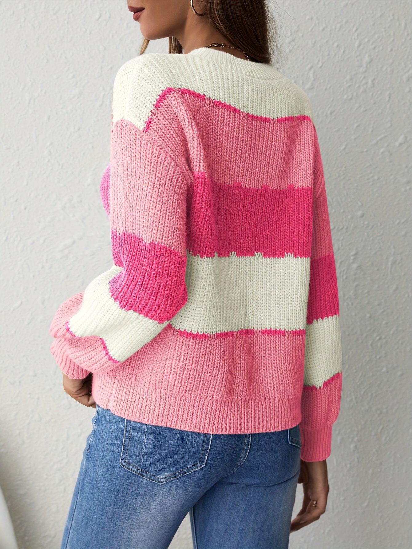 Color Block Crew Neck Pullover Sweater In Pink