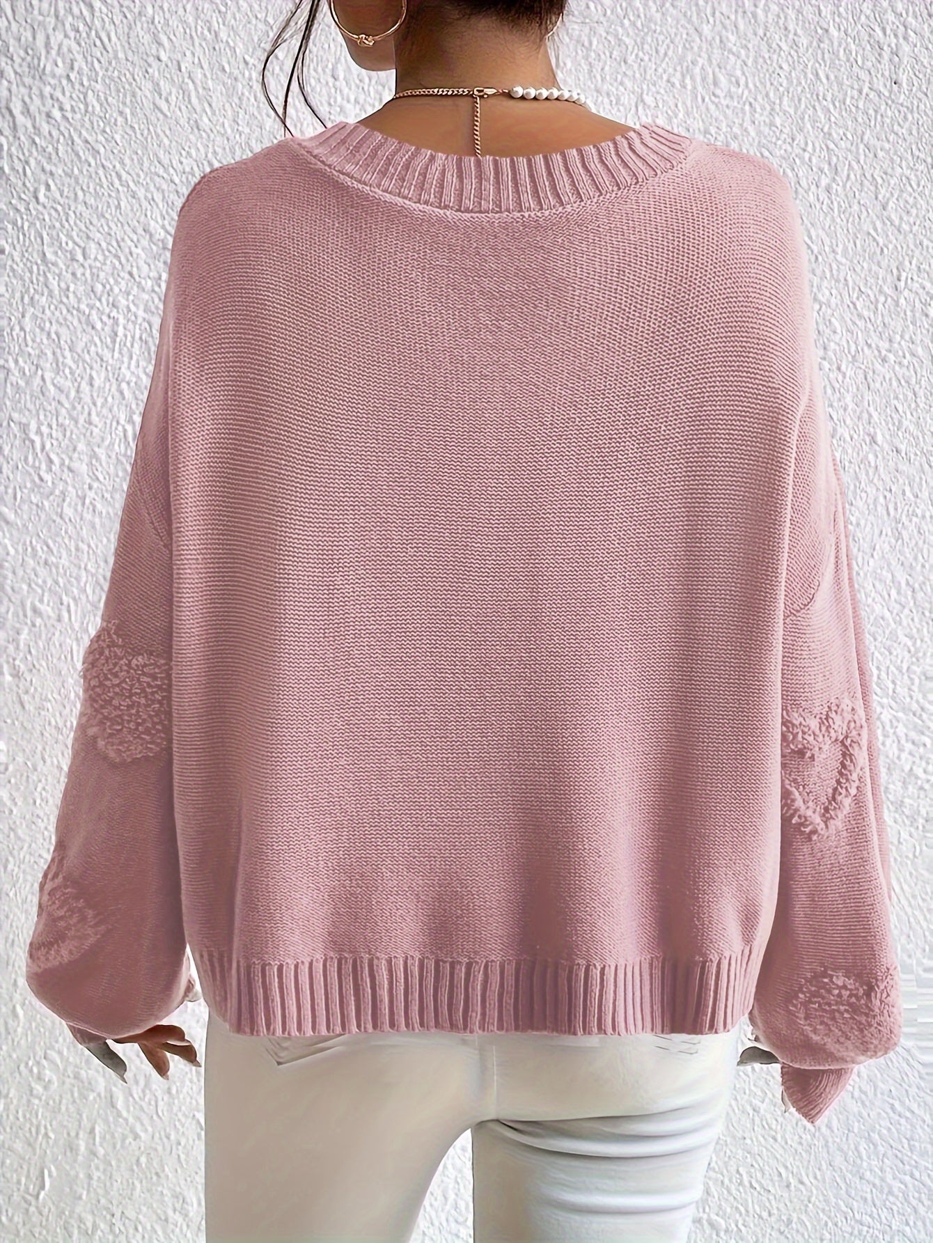 Beaded Heart V-Neck Sweater In Pale Pink