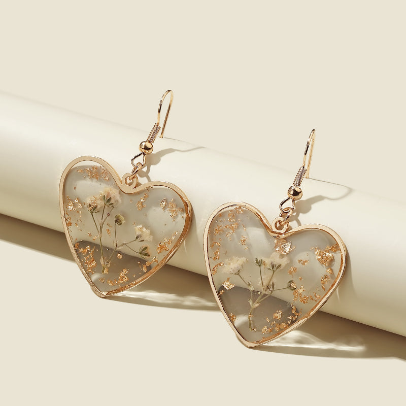 Bohemian Dried Flower Heart Shaped Earrings