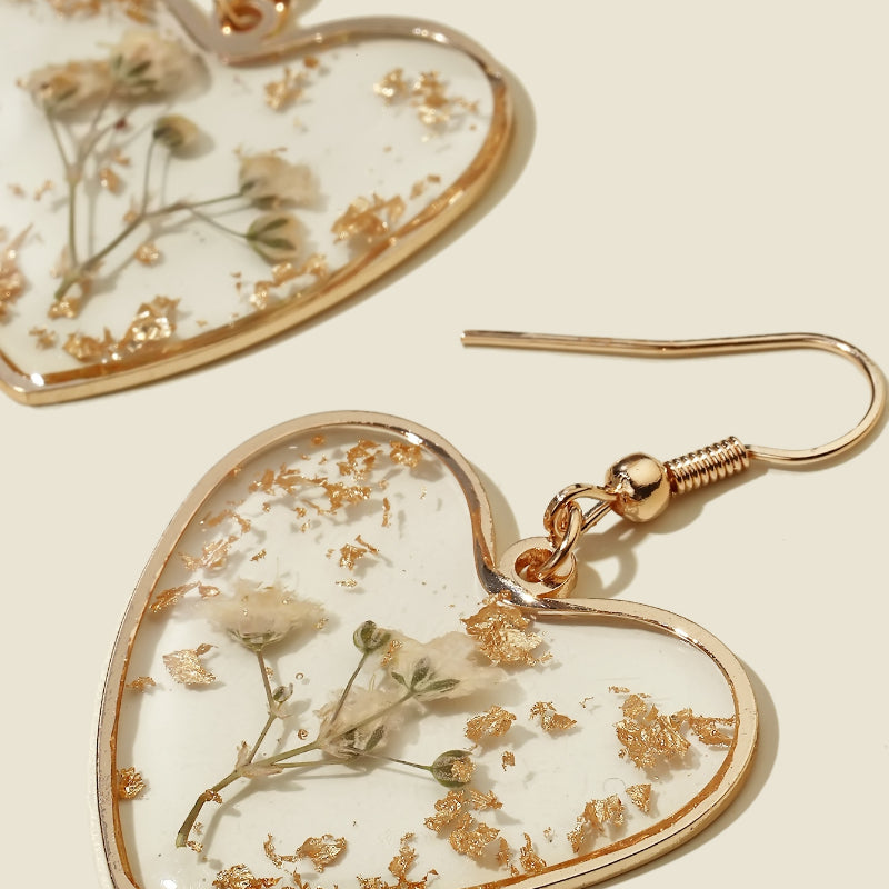 Bohemian Dried Flower Heart Shaped Earrings