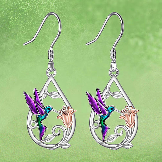 Hummingbird With Flower Waterdrop Dangle Earrings