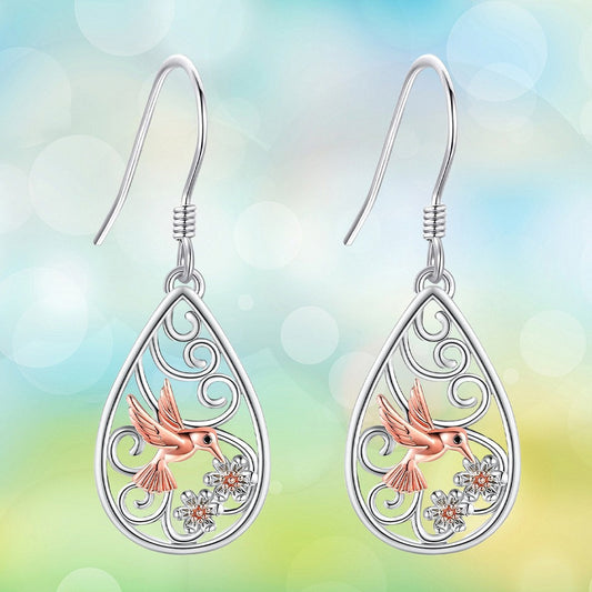 Rose Gold Hummingbird With Flowers Waterdrop Dangle Earrings