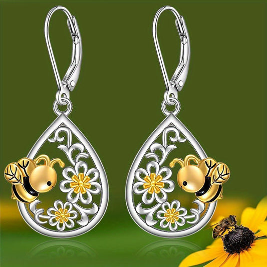 Bee With Flowers Waterdrop Dangle Earrings