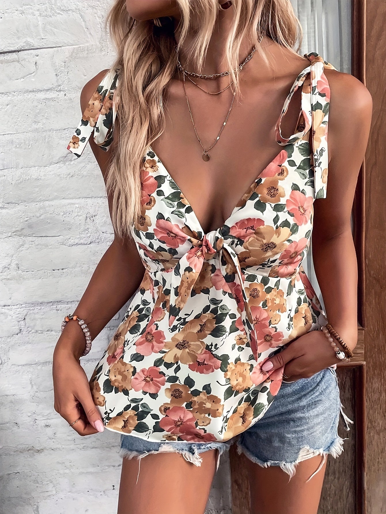 Adjustable Tie Front Floral Print Tank Top