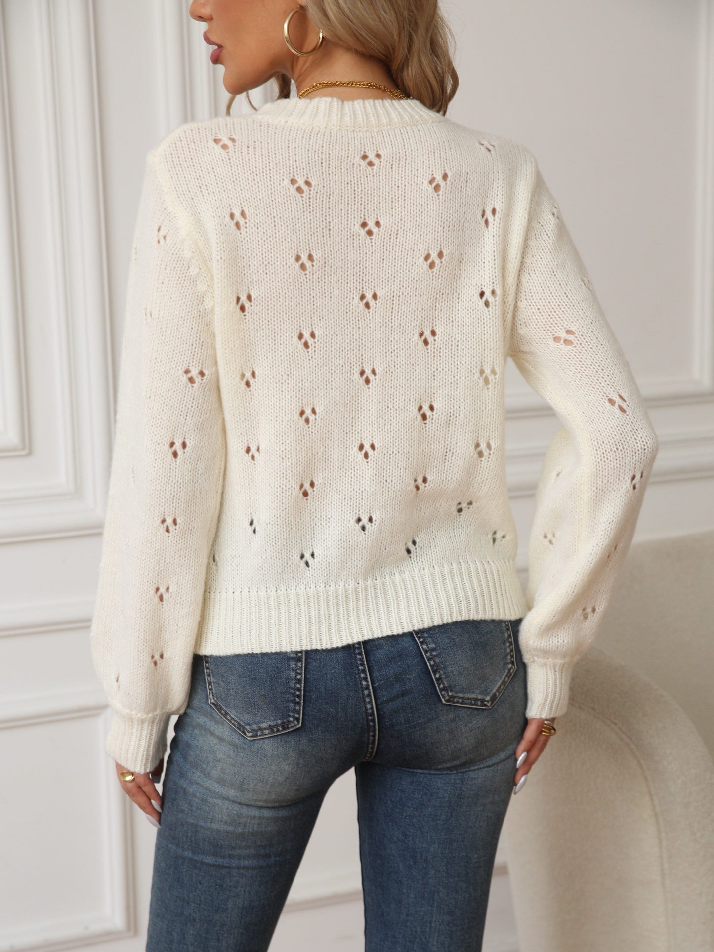 Eyelet Cable Knit Crew Neck Sweater