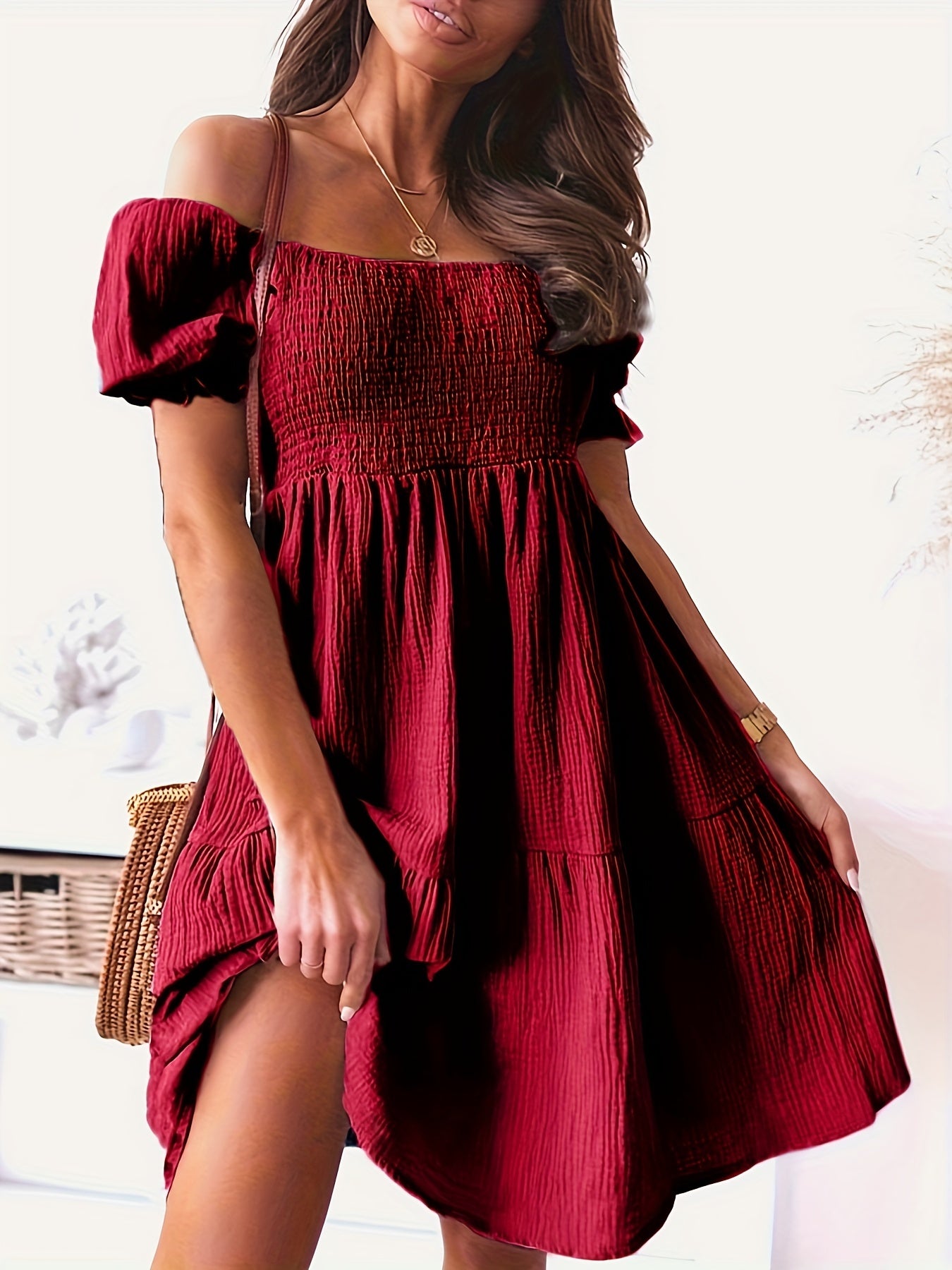 Off Shoulder Smocked Mini Dress In Various Colors