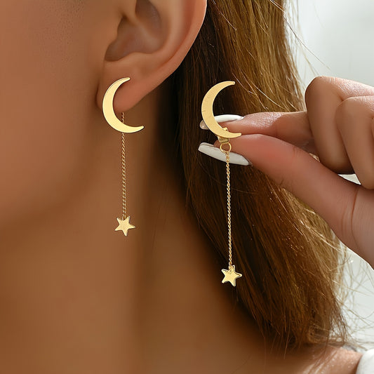 Star & Moon With Detachable Tassel Earrings In Gold