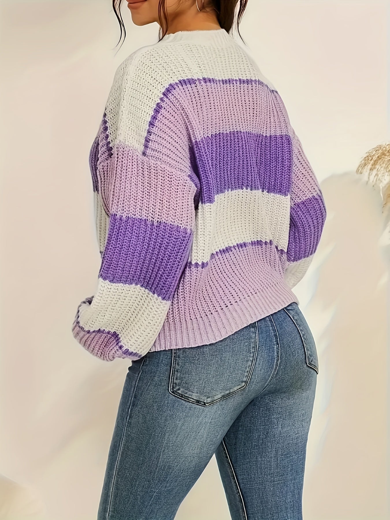 Color Block Crew Neck Pullover Sweater In Purple