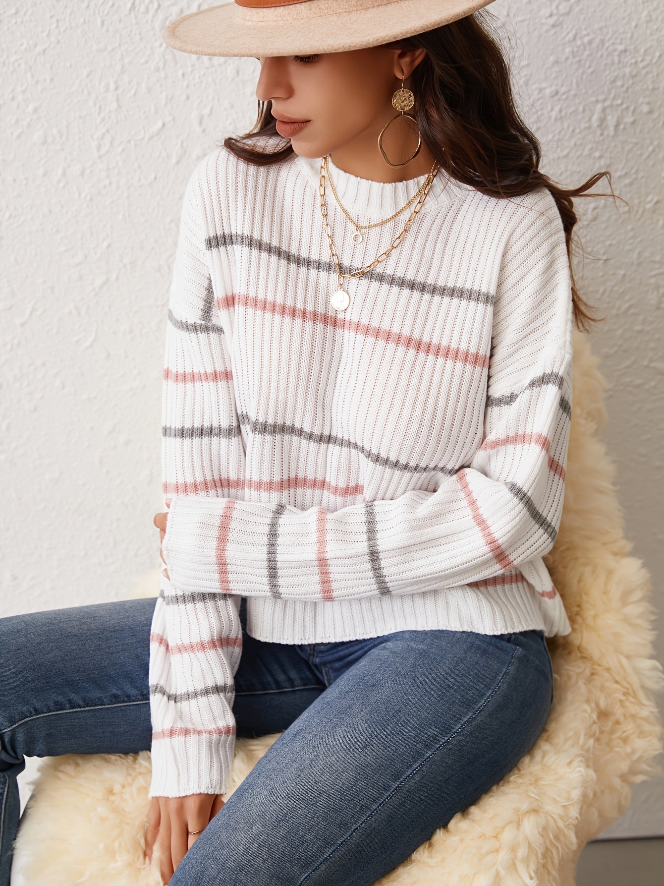 Striped Drop Shoulder Knit Sweater In White