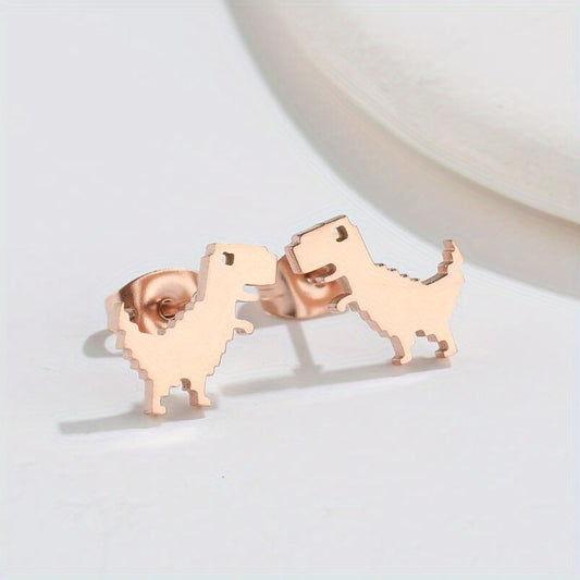 Stainless Steel 8-Bit T-Rex Stud Earrings In Rose Gold