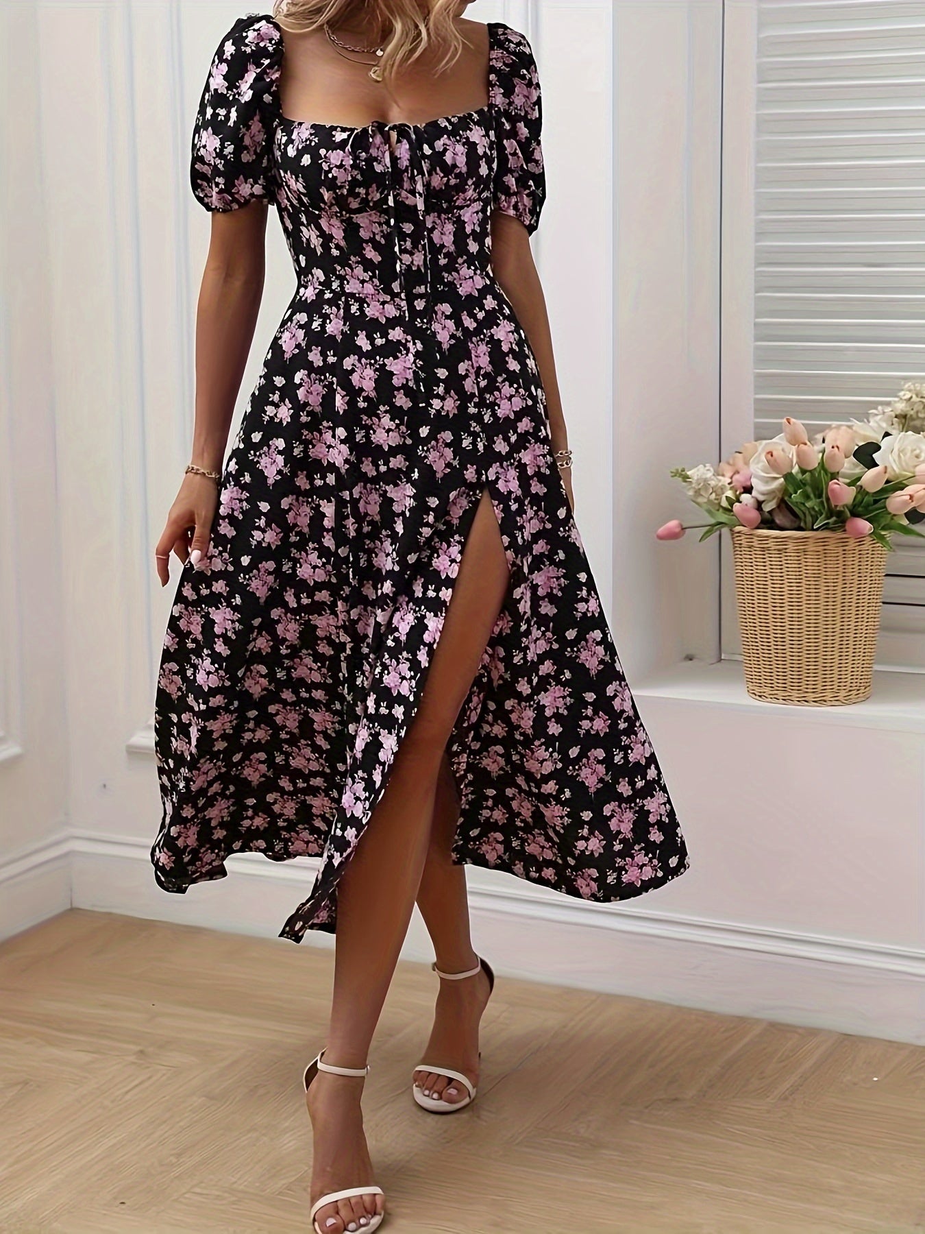 Floral Puff Sleeve High Slit Midi Dress In Various Colors