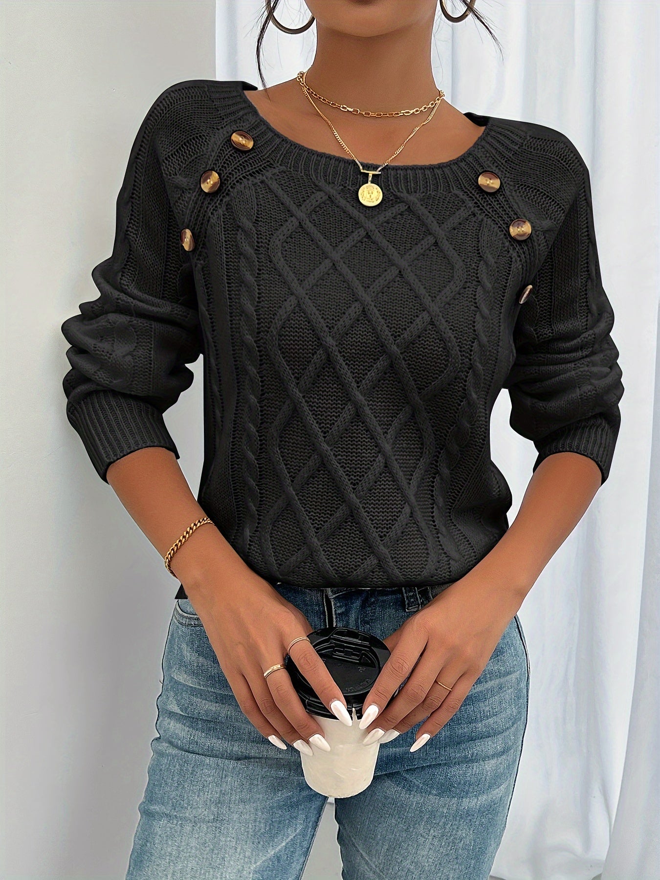 Long Sleeve Raglan Cable Knit Sweater In Black