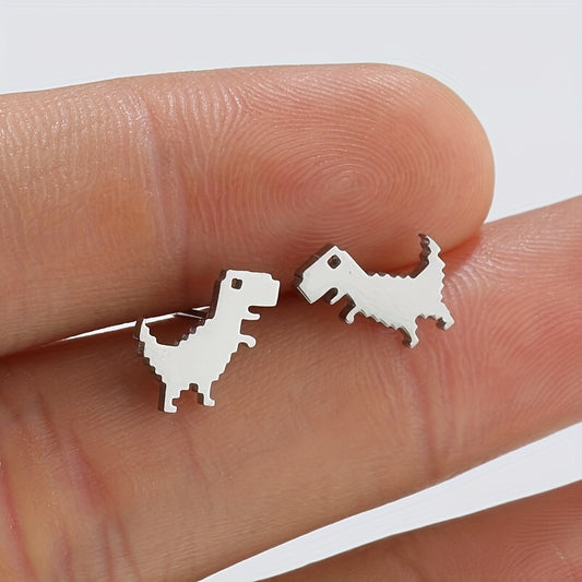 Stainless Steel 8-Bit T-Rex Stud Earrings In Silver