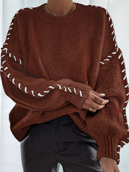 Drop Shoulder Loose Knitted Pullover Sweater with Contrasting Trim In Burnt Umber