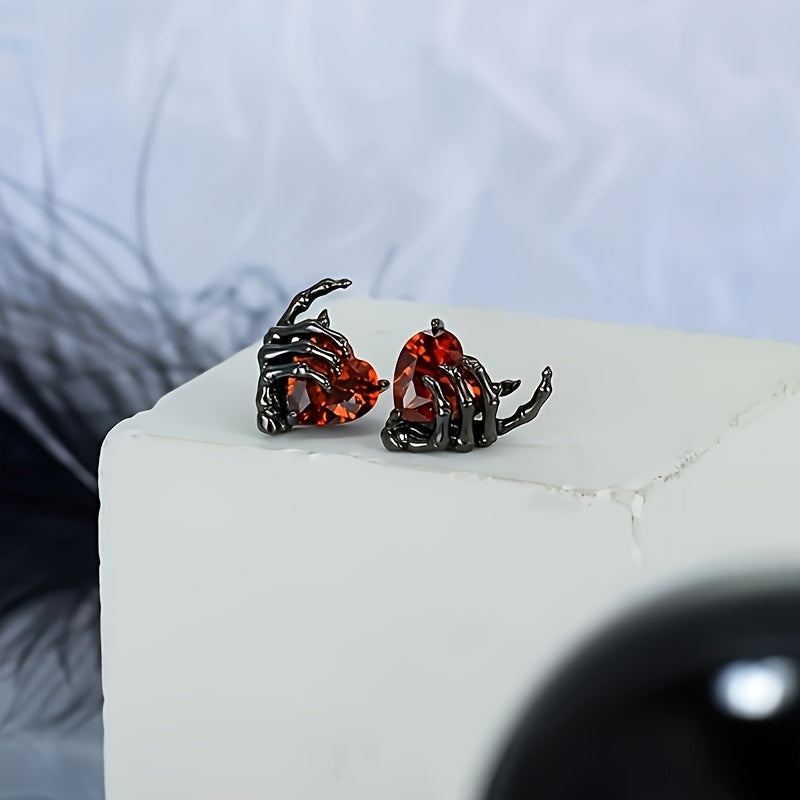 Red Heart Shaped Stud Earrings with Black Skeleton Hands