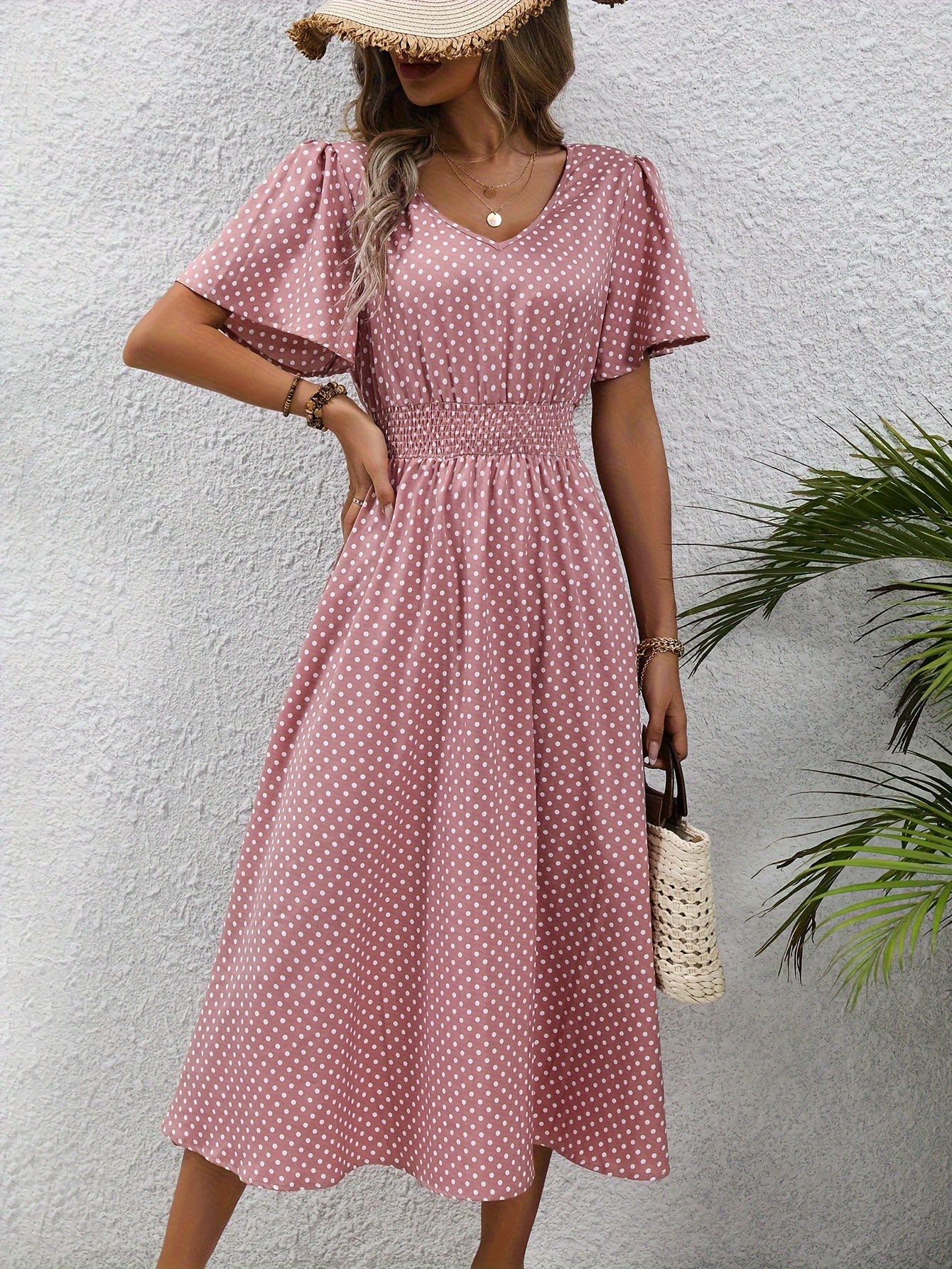 Polka Dot Flared Sleeves Shirred Waist Midi Dress In Various Colors