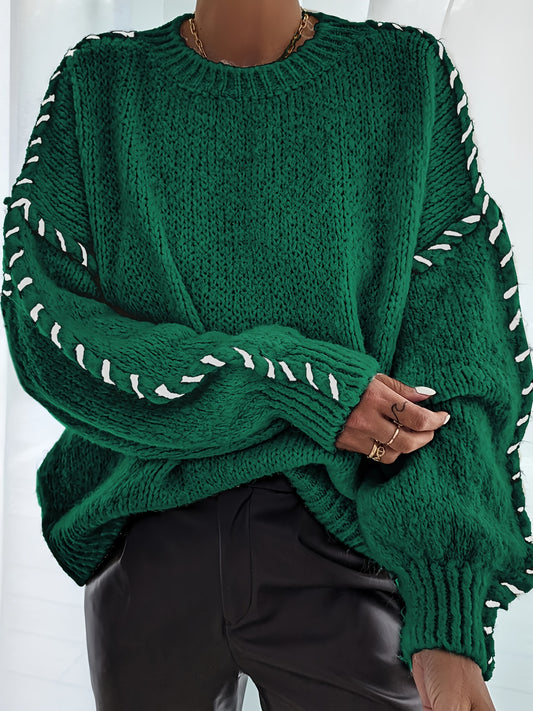 Drop Shoulder Loose Knitted Pullover Sweater with Contrasting Trim In Dark Green