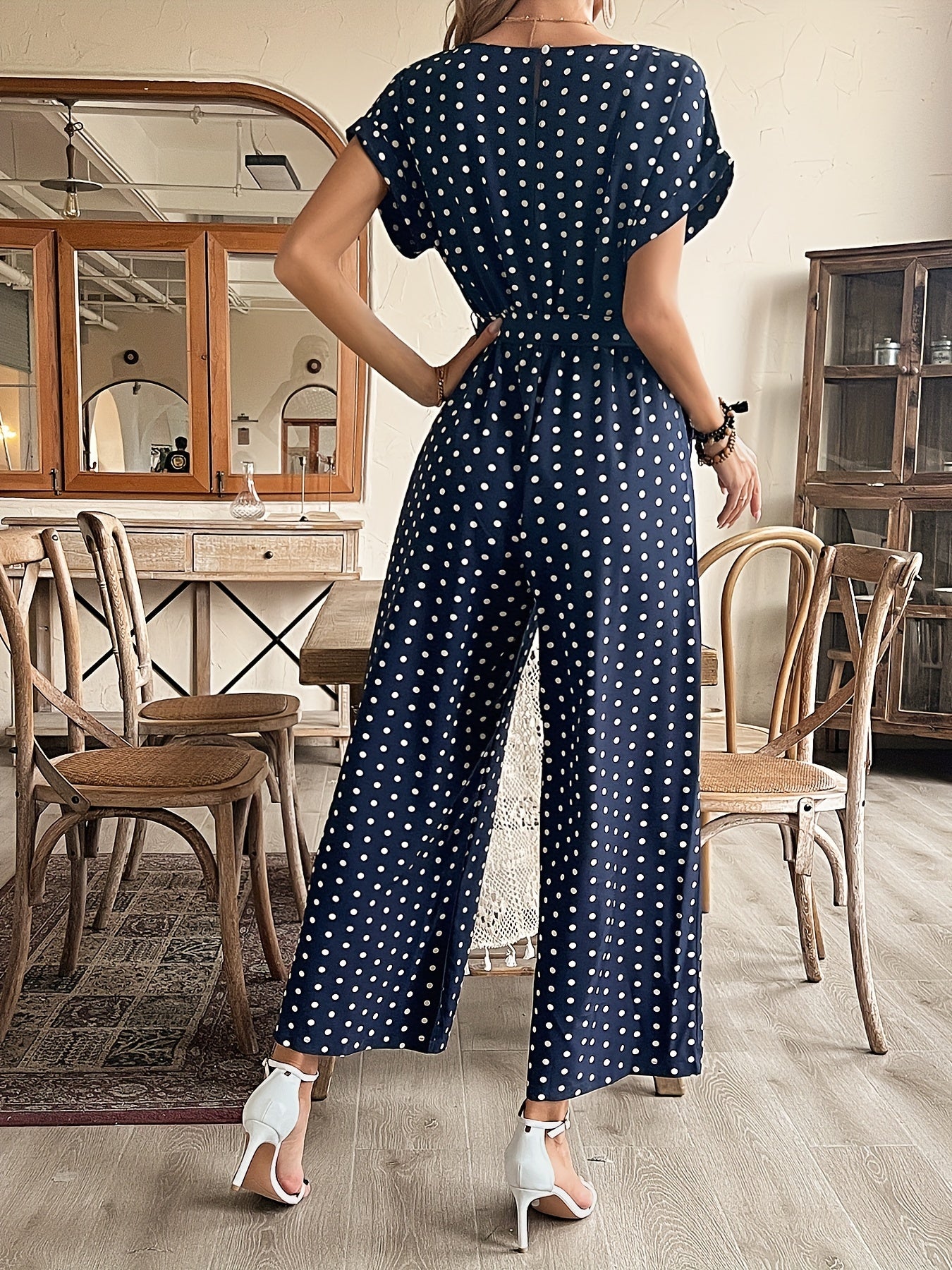 Wide Leg Short Sleeve Polka Dot Jumpsuit