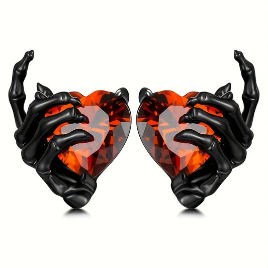 Red Heart Shaped Stud Earrings with Black Skeleton Hands