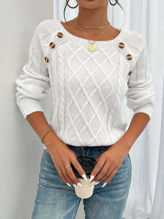 Long Sleeve Raglan Cable Knit Sweater In White