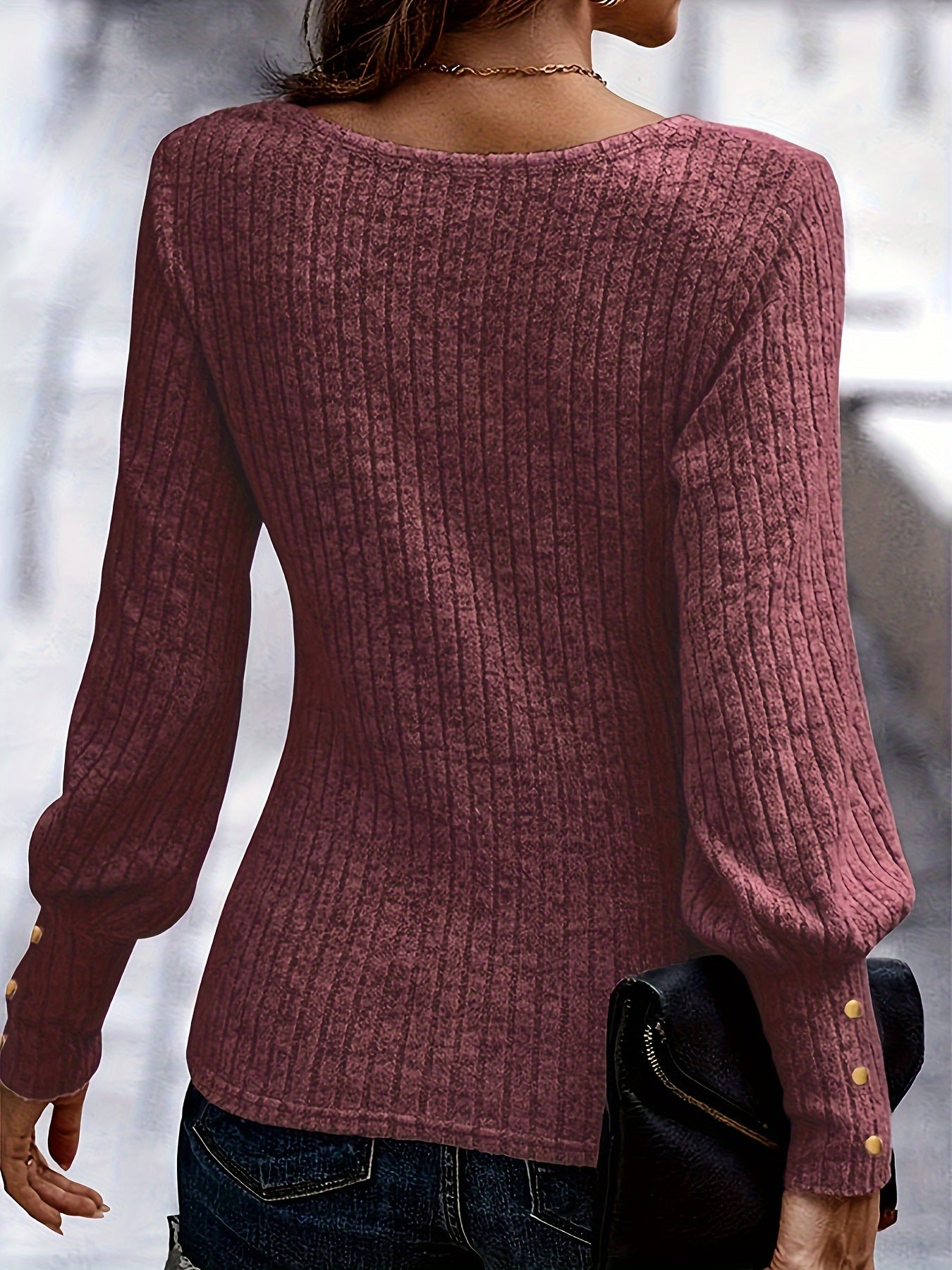 Bishop Sleeve Button Wrist Rib Sweater In 2 Colors