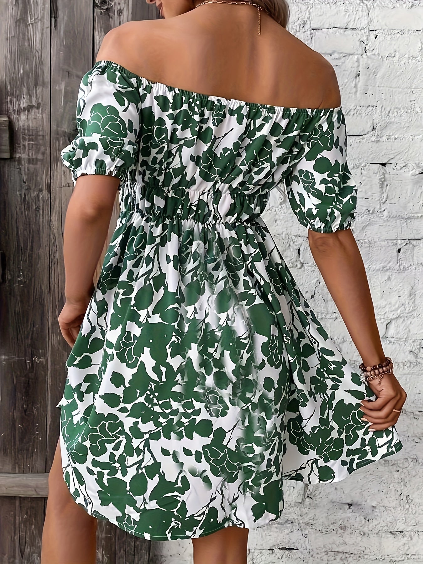 Off Shoulder Puff Sleeve Floral Mini Dress In Green