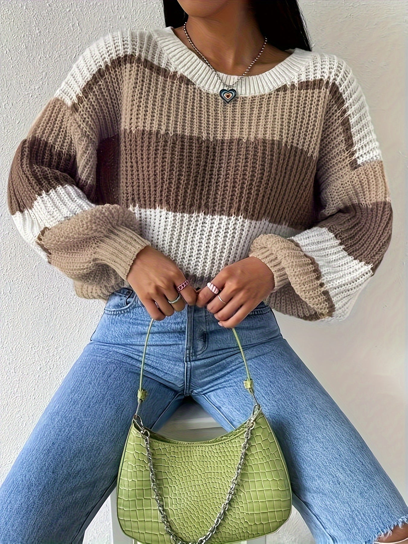 Color Block Crew Neck Pullover Sweater In Brown