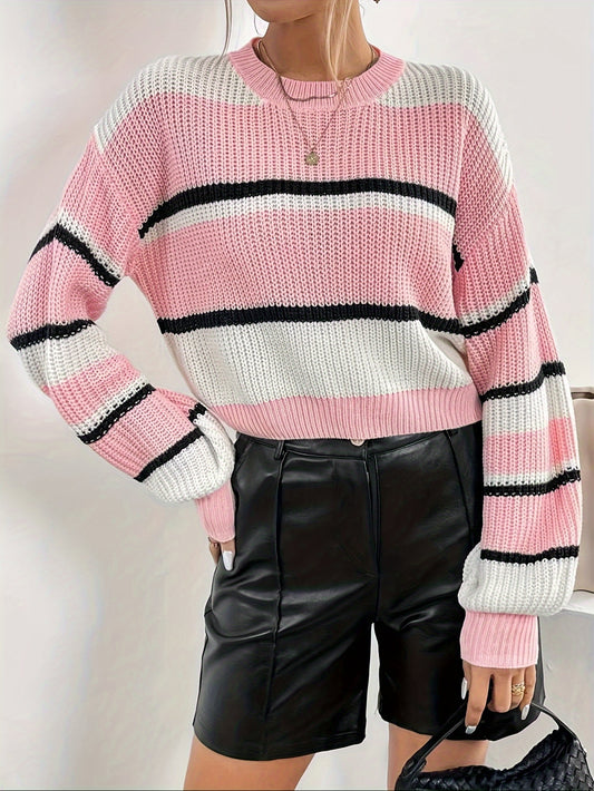 Color Block Cropped Knitted Sweater In Pink