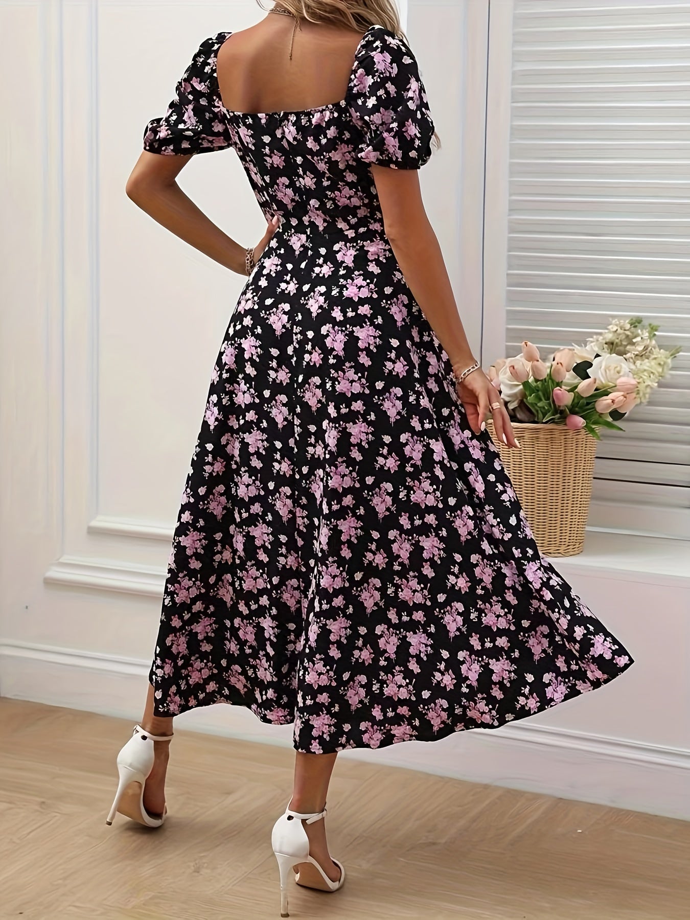 Floral Puff Sleeve High Slit Midi Dress In Various Colors