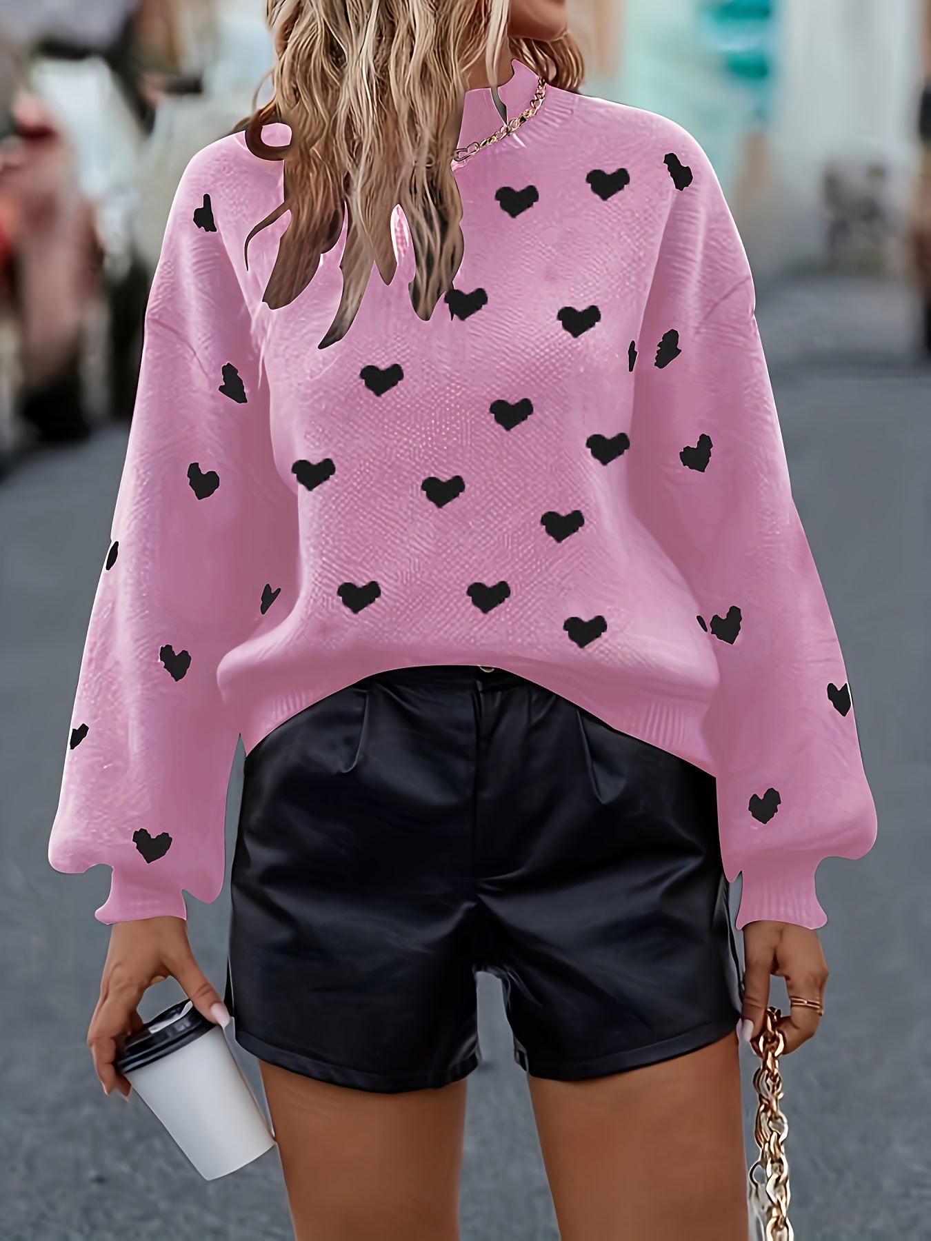 Heart Pattern Knit Sweater In Pink With Black Hearts