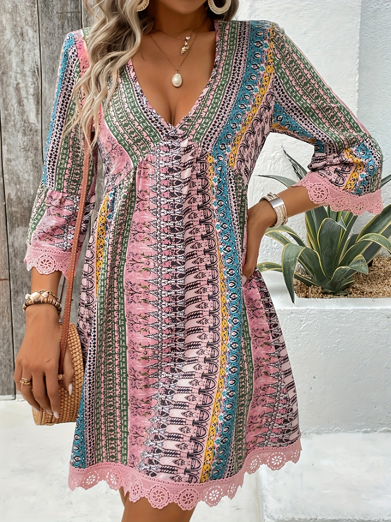 Boho Striped Lace Trim Mini Dress In 2 Colors