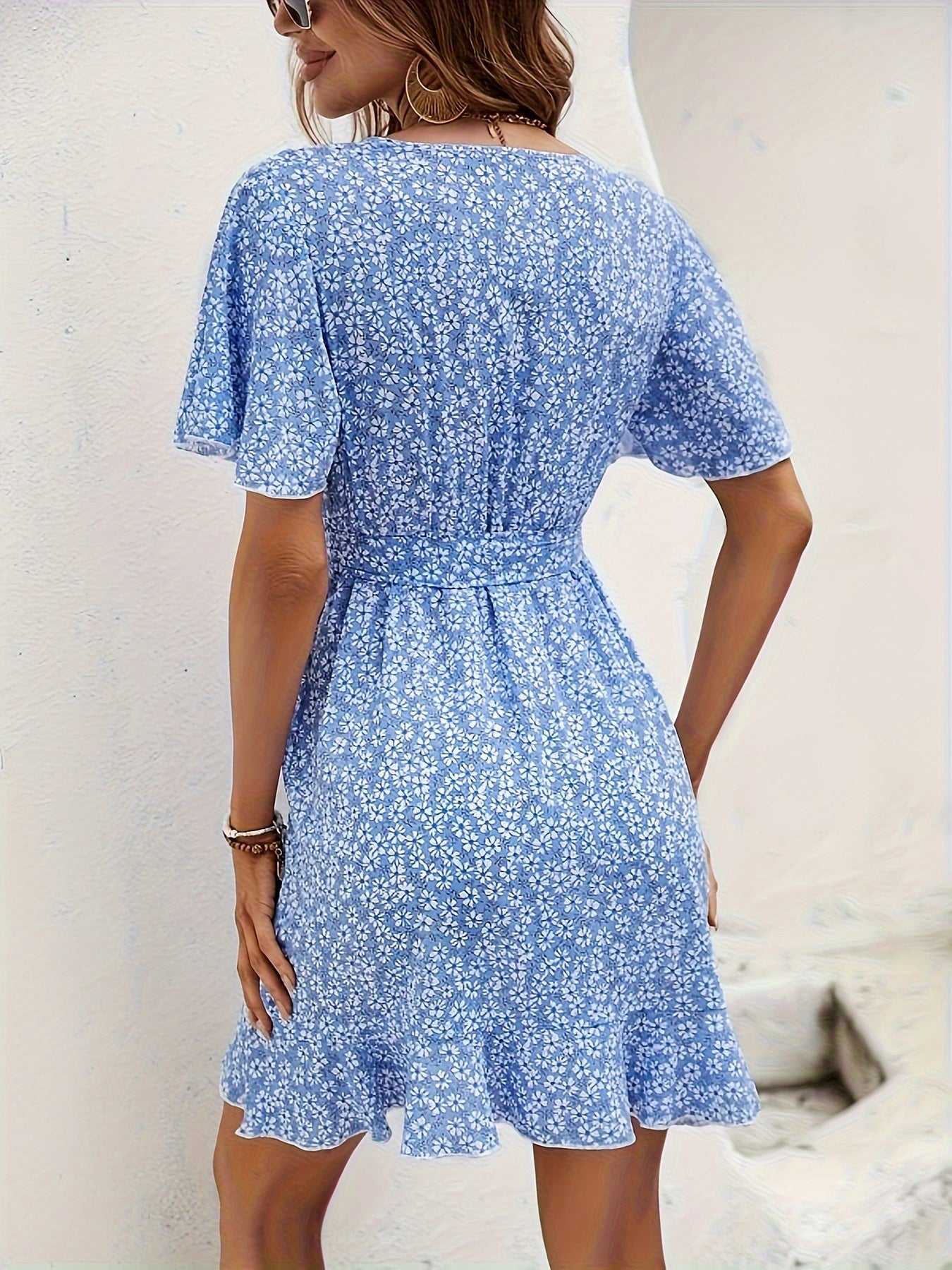 Blue Floral Wrap Waist Mini Dress