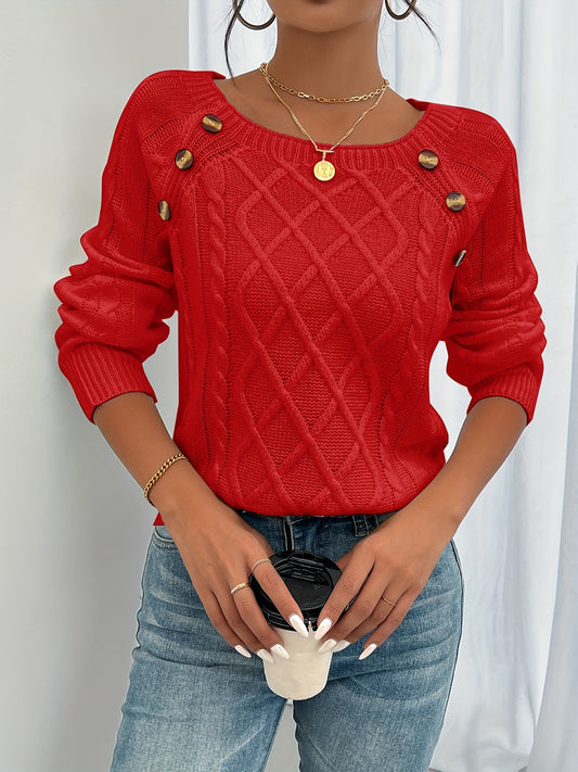 Long Sleeve Raglan Cable Knit Sweater In Red