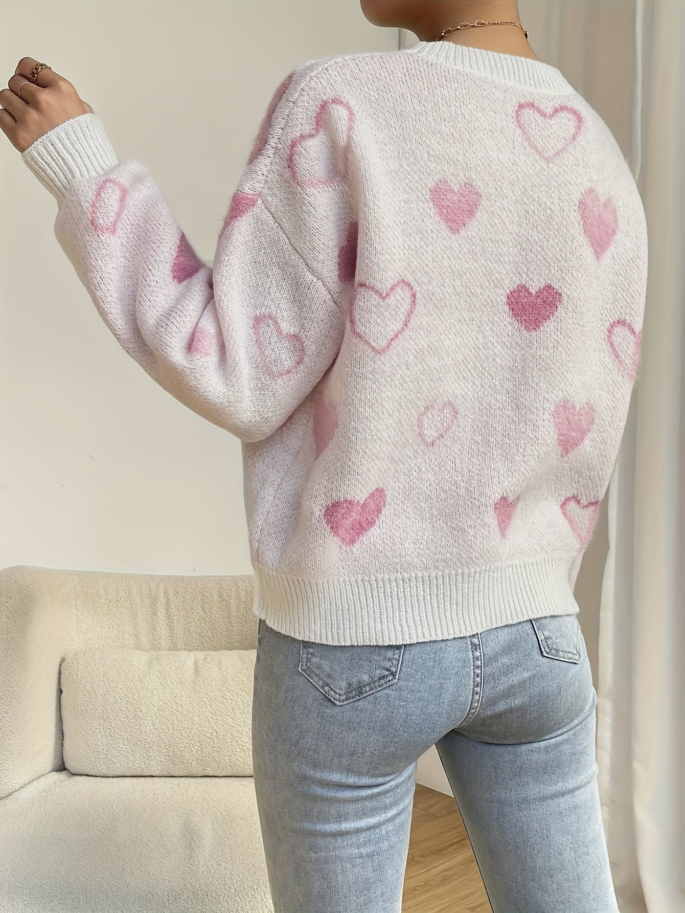 Heart Pattern Crew Neck Knitted Sweater In Light Pink