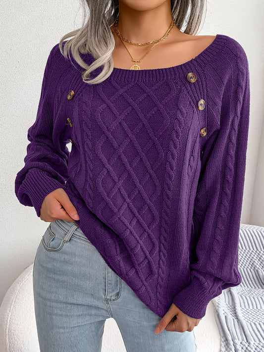 Long Sleeve Raglan Cable Knit Sweater In Purple