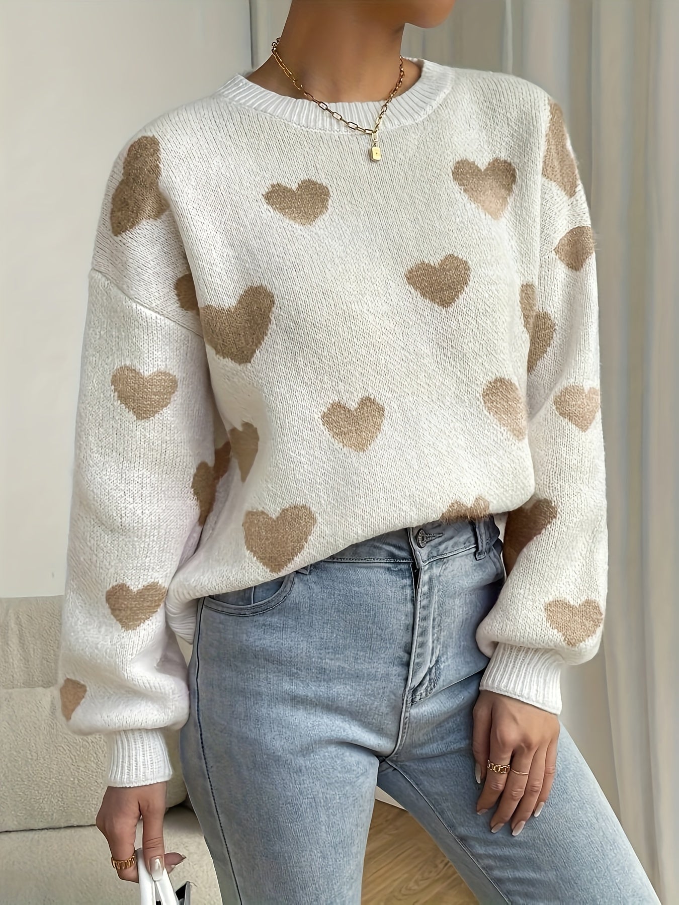 Heart Pattern Crew Neck Knitted Sweater In Beige