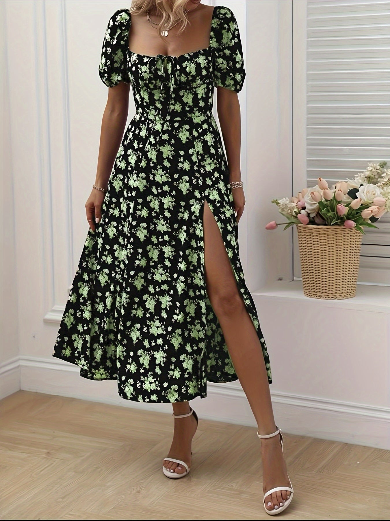 Floral Puff Sleeve High Slit Midi Dress In Various Colors